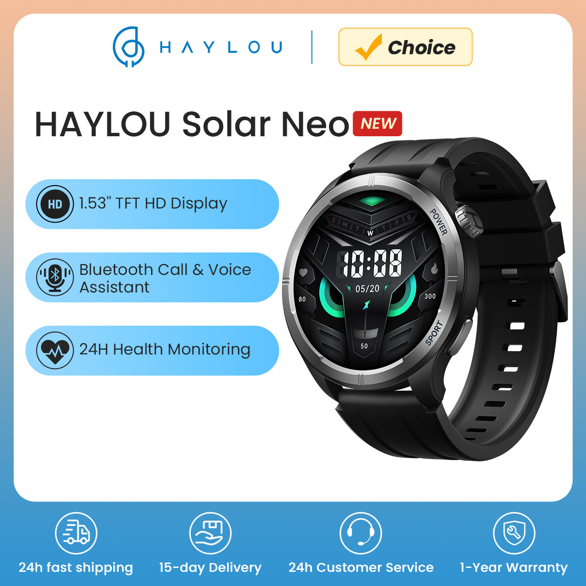 HAYLOU Solar Neo Smartwatchs 1.53'' HD Display 24H Health Monitoring Bluetooth C