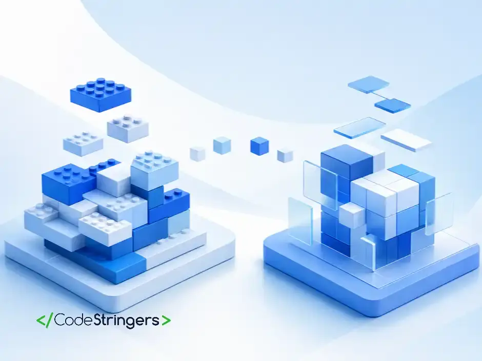 Abstract editorial illustration comparing two low-code app-building platforms