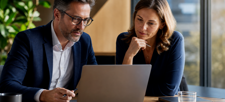 A finance lead and an operations manager reviewing CRM plan tiers side by side on a laptop at a sunlit conference table