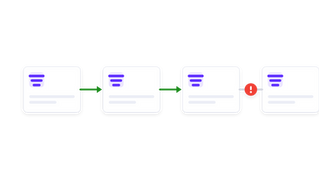 Four connected record tiles in a row. Three joins carry green arrows and the last join is broken by a red alert marker.