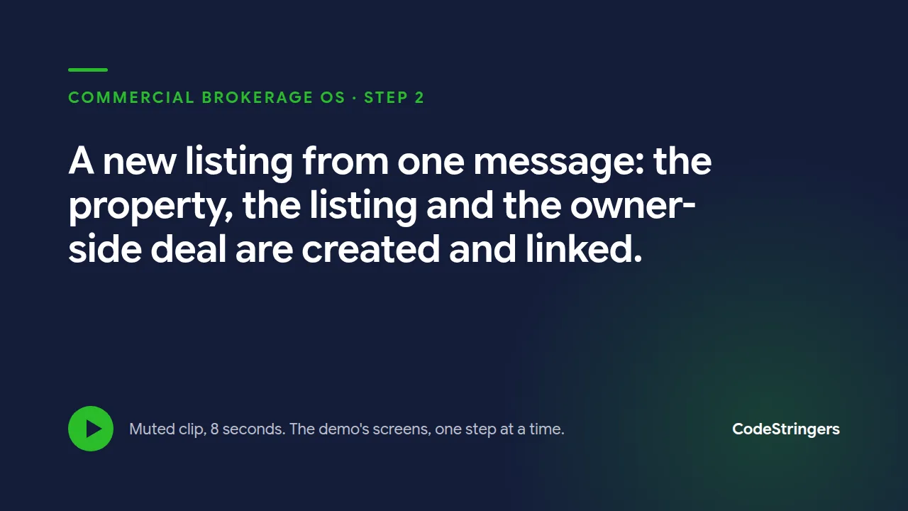 A new listing from one message: the property, the listing and the owner-side deal are created and linked.