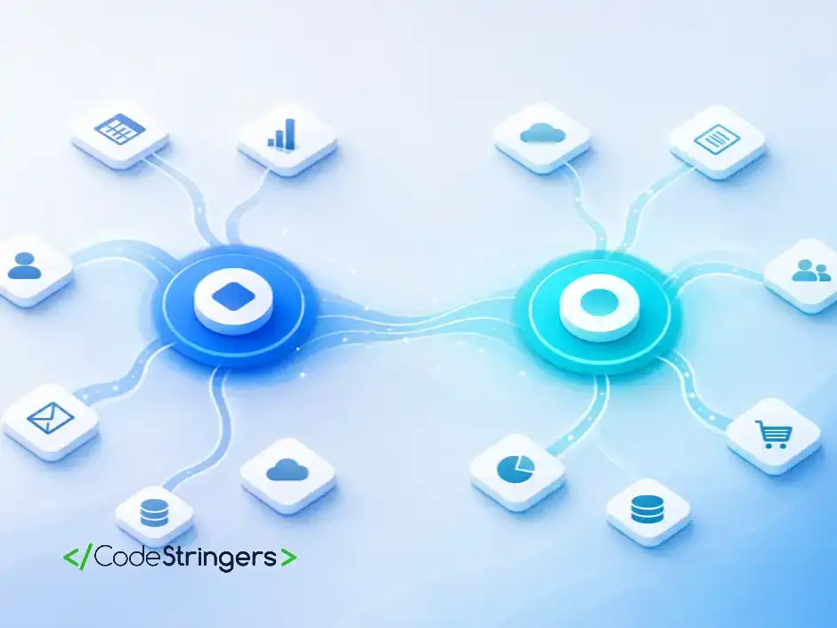 Abstract editorial illustration of two automation platforms connecting apps with flowing data paths