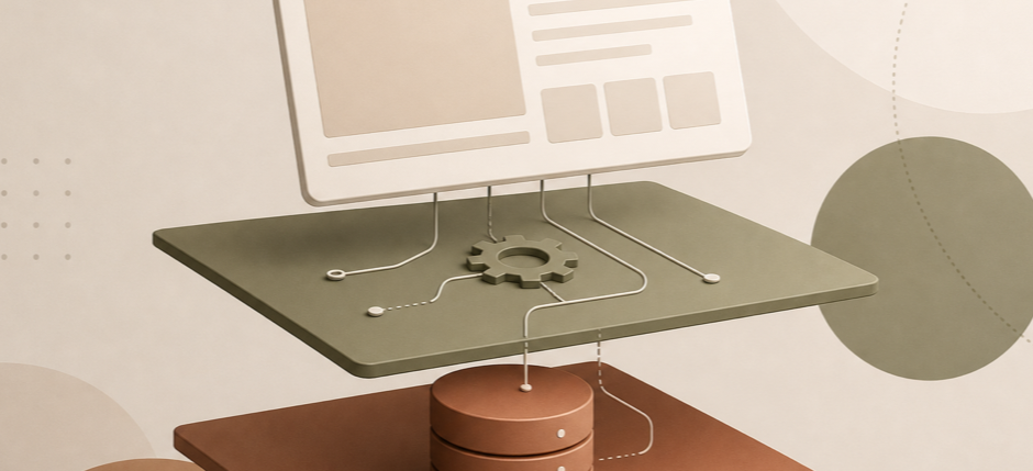 Abstract layered illustration of a web app: browser window, API layer, and database