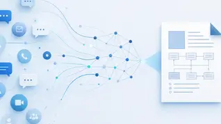 Abstract editorial illustration of software requirements gathering: soft blue gradients with connected nodes converging from many stakeholder inputs into a single structured document.