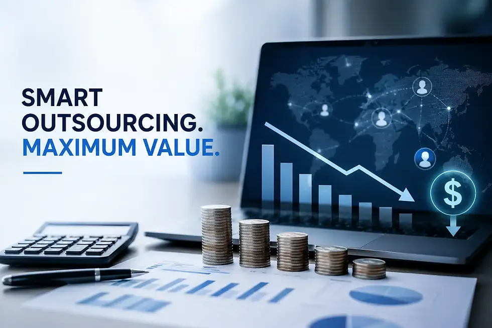 Illustration of smart outsourcing for maximum value, with a laptop, a rising growth chart, coins, and a dollar sign.