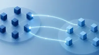 Abstract editorial illustration of controlled data access: private record nodes with selective bridges extending access between two teams, cool blue palette.