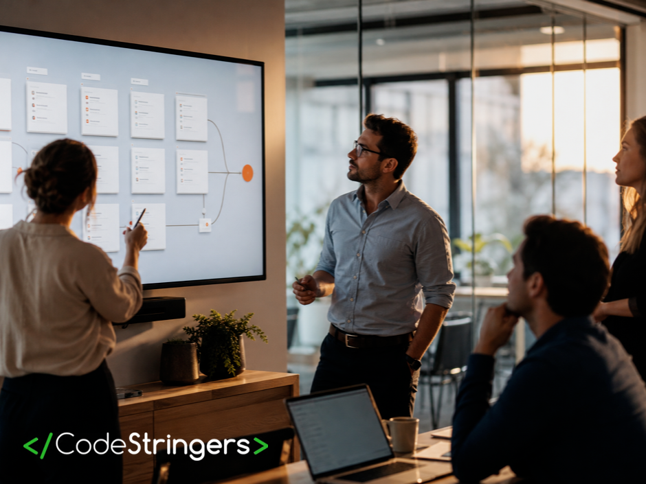 A team reviewing an automated sales-workflow board on a screen in a warm-lit office