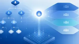 Split illustration: a vertical org-chart role hierarchy beside horizontal market-segment territories, converging on a central data access-control lock