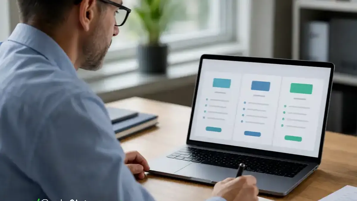 Photorealistic over-the-shoulder shot of a finance manager comparing CRM pricing tiers on a laptop at a sunlit desk