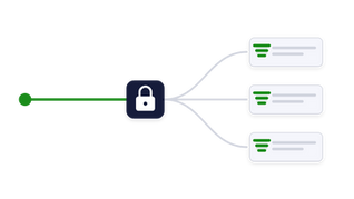 A navy padlock sits on a green path just before the path splits into two branches; the lock is closed and both branches are plain.