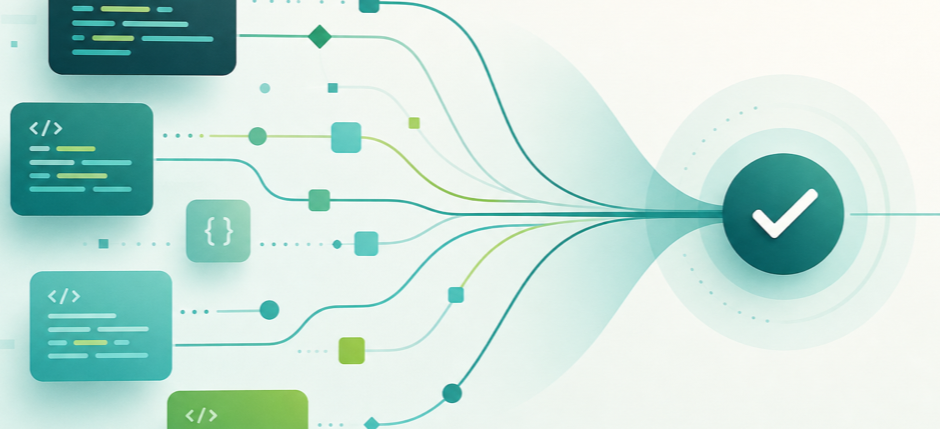Abstract illustration of Deluge code blocks converging into a checkmark