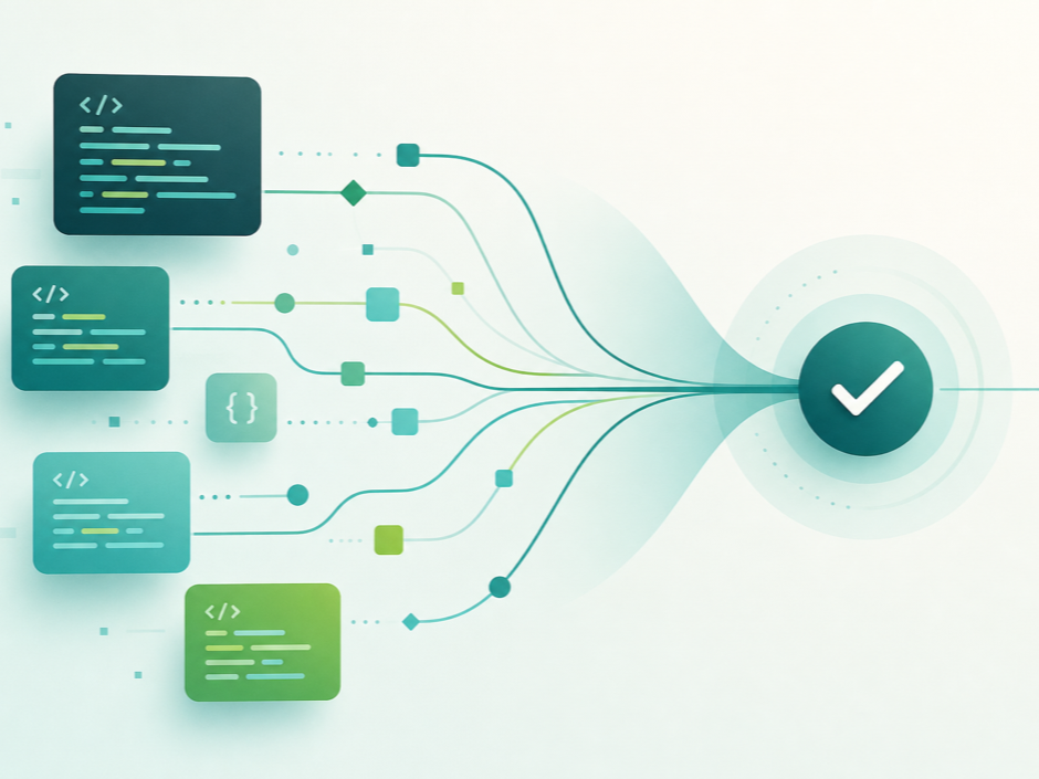 Abstract illustration of Deluge code blocks converging into a checkmark