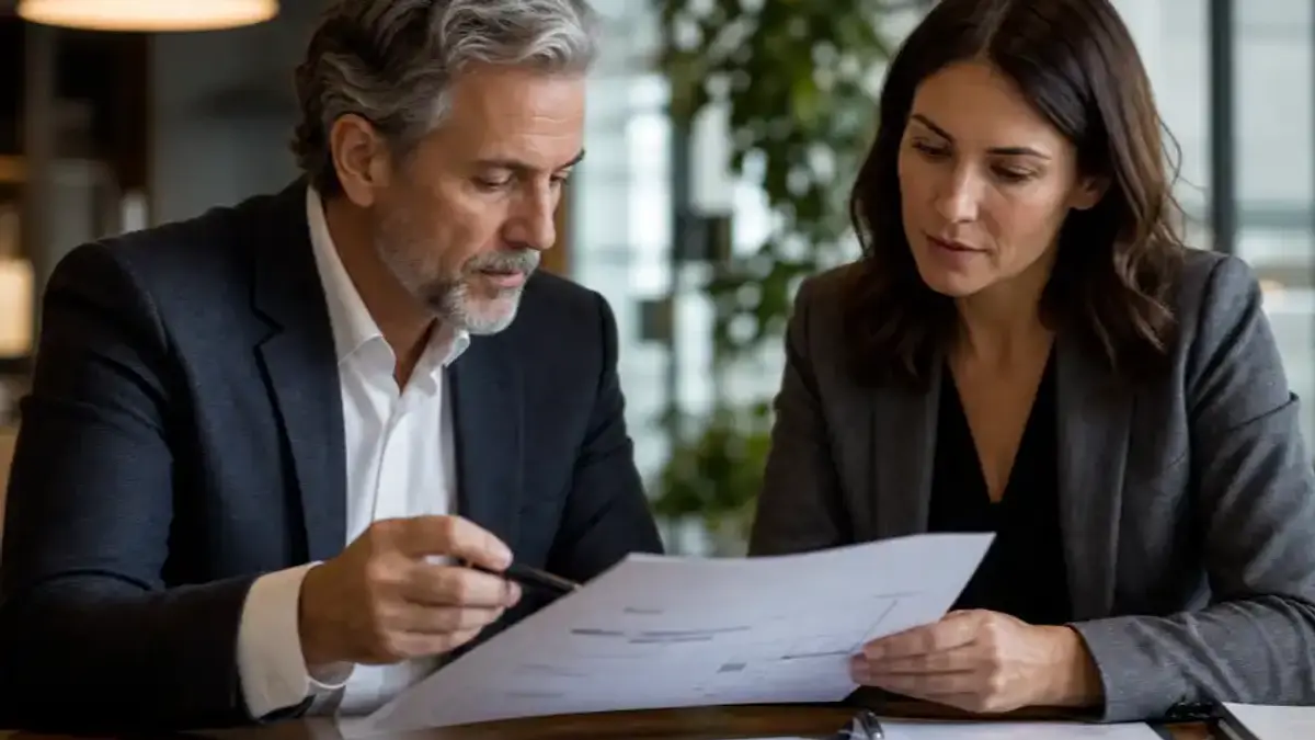 Photorealistic scene of two business leaders reviewing a software contract and project plan across a table in a warm, well-lit office, weighing options.
