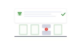 A wide record card with a green check resting on four pillars. Three pillars are solid and the third is broken in two, with a red alert marker in the gap.
