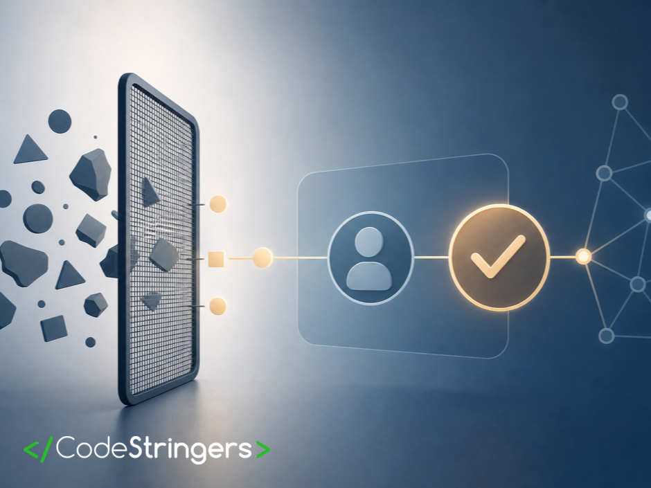 Abstract illustration contrasting a data-validation filter with a human approval checkmark path in Zoho CRM