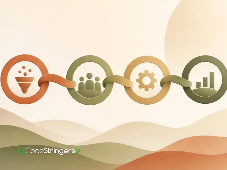 Abstract editorial illustration of a connected flow from sales pipeline through projects to invoicing