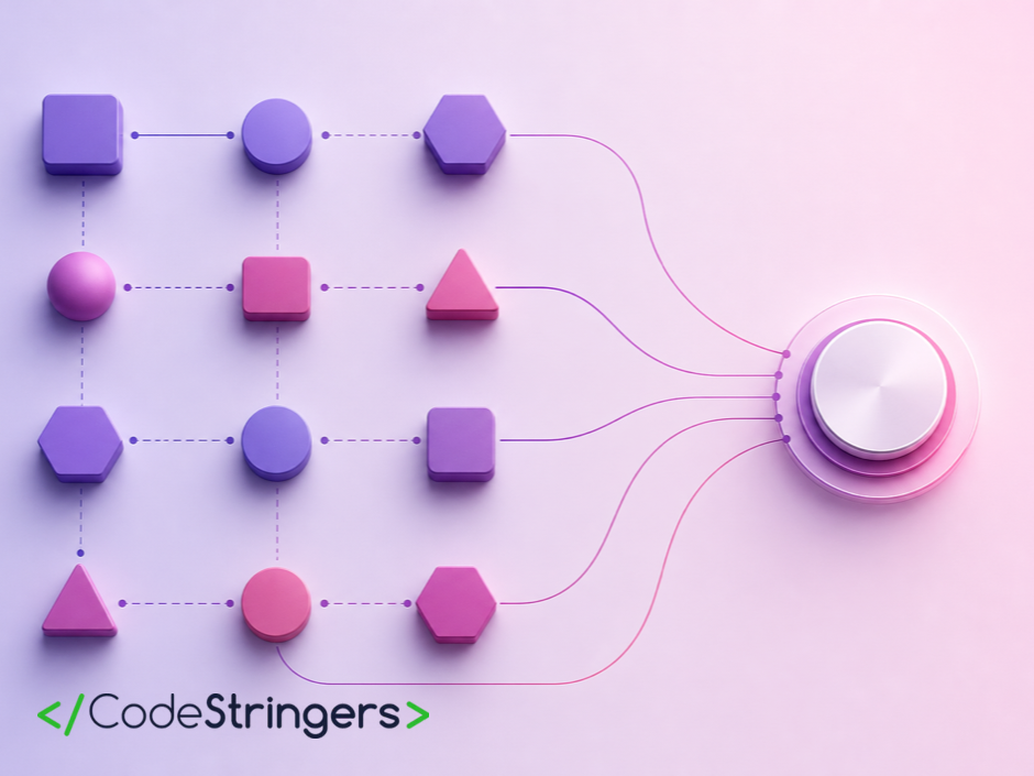 Abstract ordered nodes converging into a single polished hub