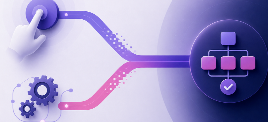 Abstract illustration of manual and automatic automation paths converging in a CRM