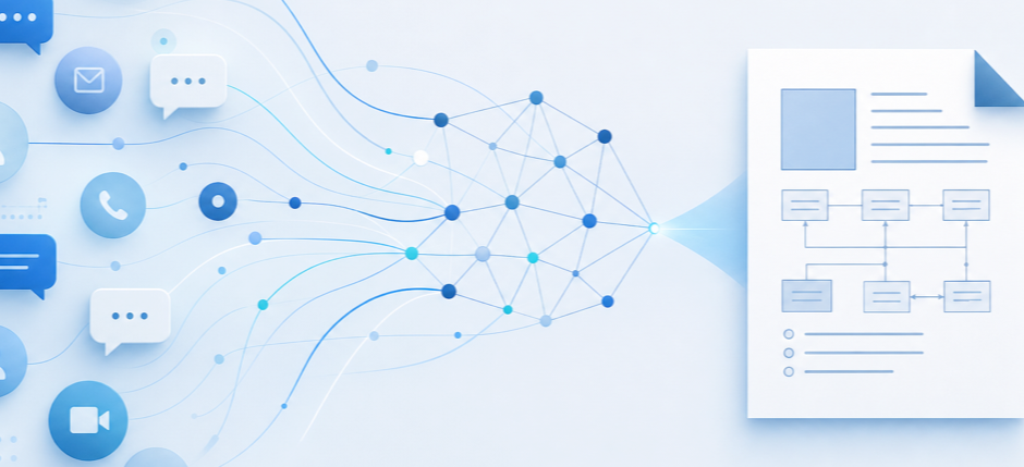 Abstract editorial illustration of software requirements gathering: soft blue gradients with connected nodes converging from many stakeholder inputs into a single structured document.