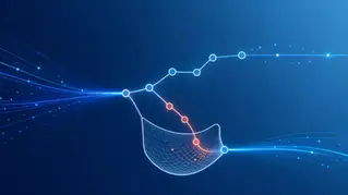 Abstract editorial illustration of error handling in code: a stream of data flowing into a protective catch net that safely redirects a failing branch, cool blue palette.