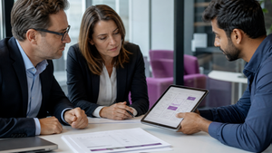 Two business leaders and a developer sit at a conference table reviewing a mobile app wireframe on a tablet next to a printed project estimate, natural office light through a window behind them