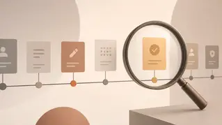 Abstract editorial illustration of an audit trail: a chronological chain of records and actions flowing through a magnifying lens, warm muted-earth palette.