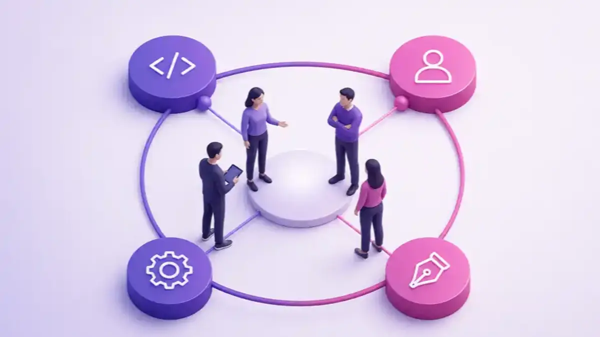 Abstract editorial illustration of a software team structure: connected role nodes forming a small cross-functional unit, purple and magenta palette.