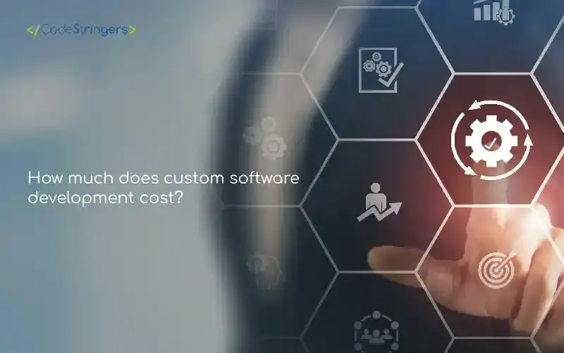 A person surrounded by a hexagonal grid of technology icons, titled 'How Much Does Custom Software Development Cost?'