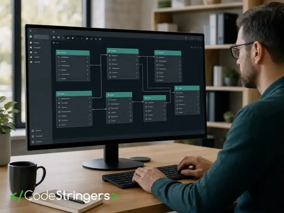 A CodeStringers engineer building a new Zoho CRM custom module on a laptop, module and field settings on screen