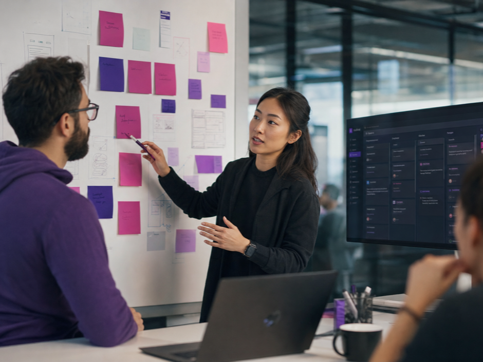 A software team collaborating around a wall of sticky notes and a project board