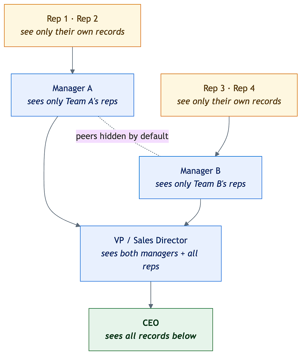 Diagram: a Zoho CRM role hierarchy tree showing data visibility rolling up from reps to managers to a VP to the CEO, with peers hidden from each other by default