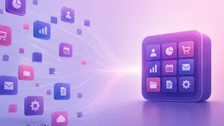 Abstract editorial illustration of many scattered business tools consolidating into one connected suite