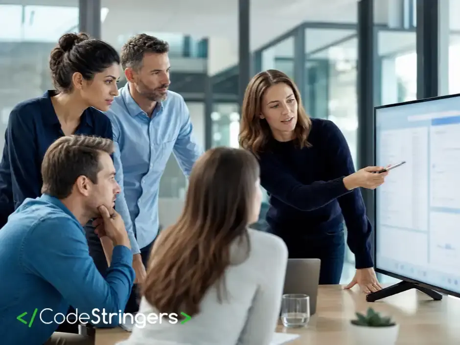 A team being trained on Zoho CRM around a monitor in a modern office