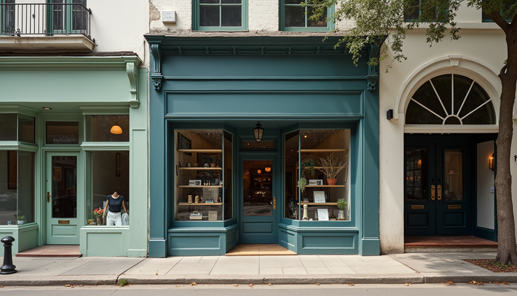 High angle view of a small business storefront in Charleston with clear signage
