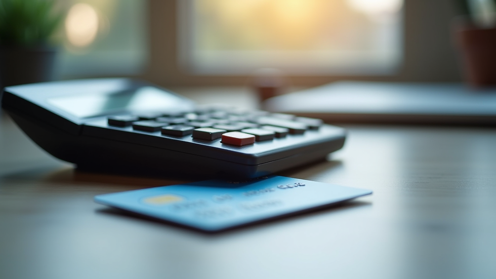Close-up view of a calculator and credit card on a desk