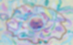 Abstract painting of a brain-like mushroom in a pastel, dynamic setting with gold accents.