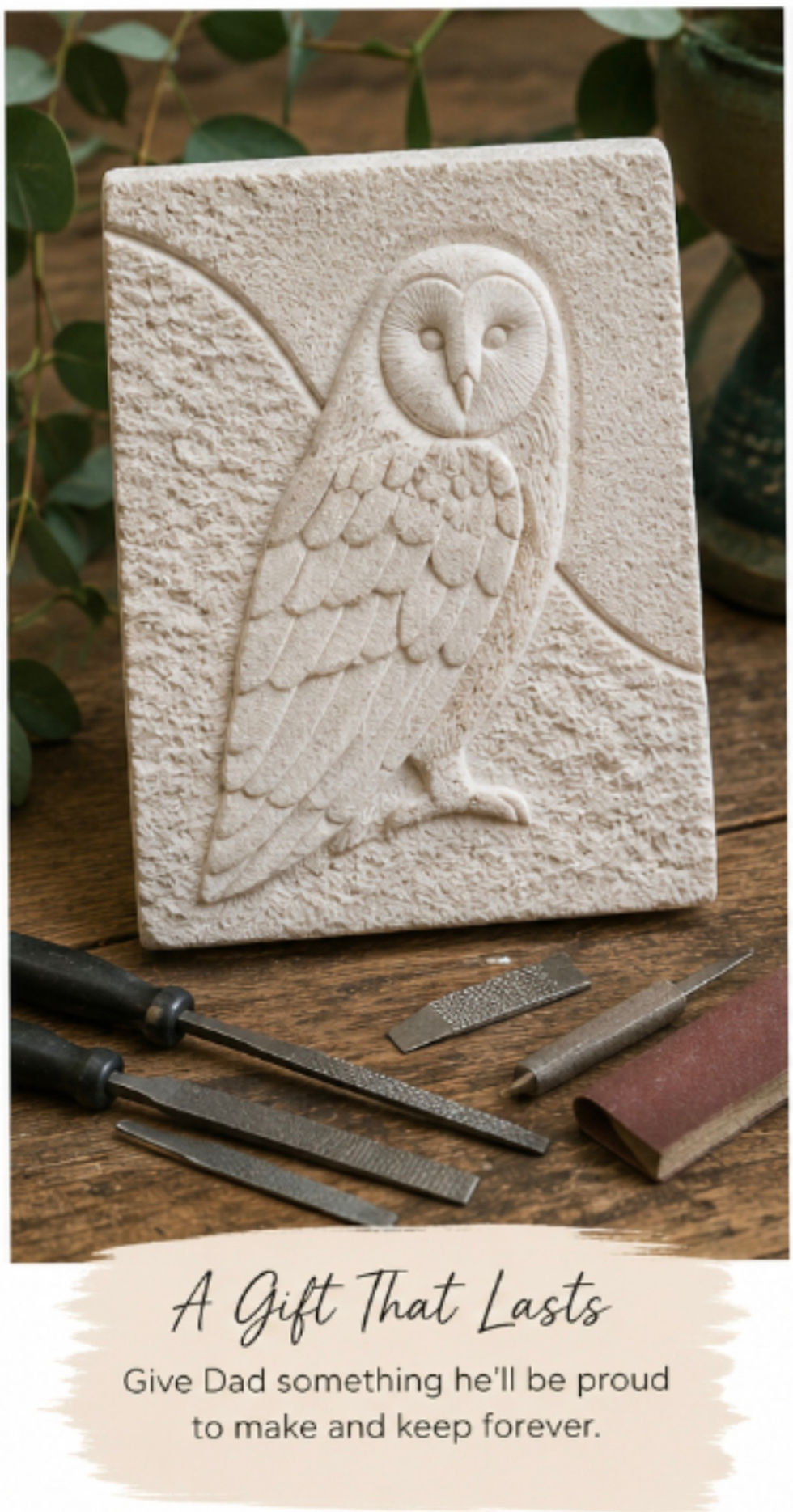 Carved owl plaque with carving tools on a wooden table; text reads A Gift That Lasts for Dad.
