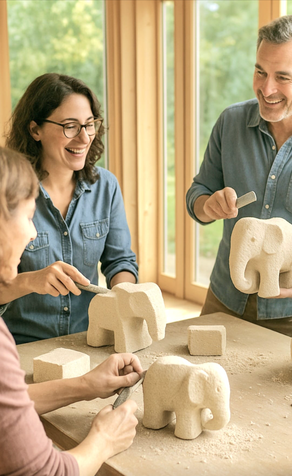 Three people carving stone elephants, smiling in a sunlit room with wooden windows. Light and cheerful atmosphere.
