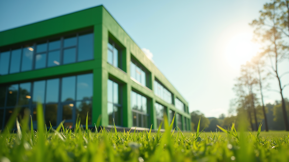 Eye-level view of a modern green building with solar panels