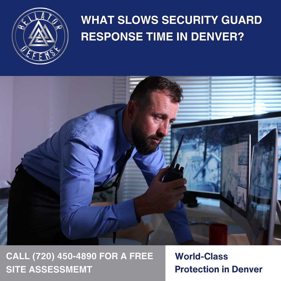 Security guard monitoring surveillance cameras and communicating through a handheld radio.