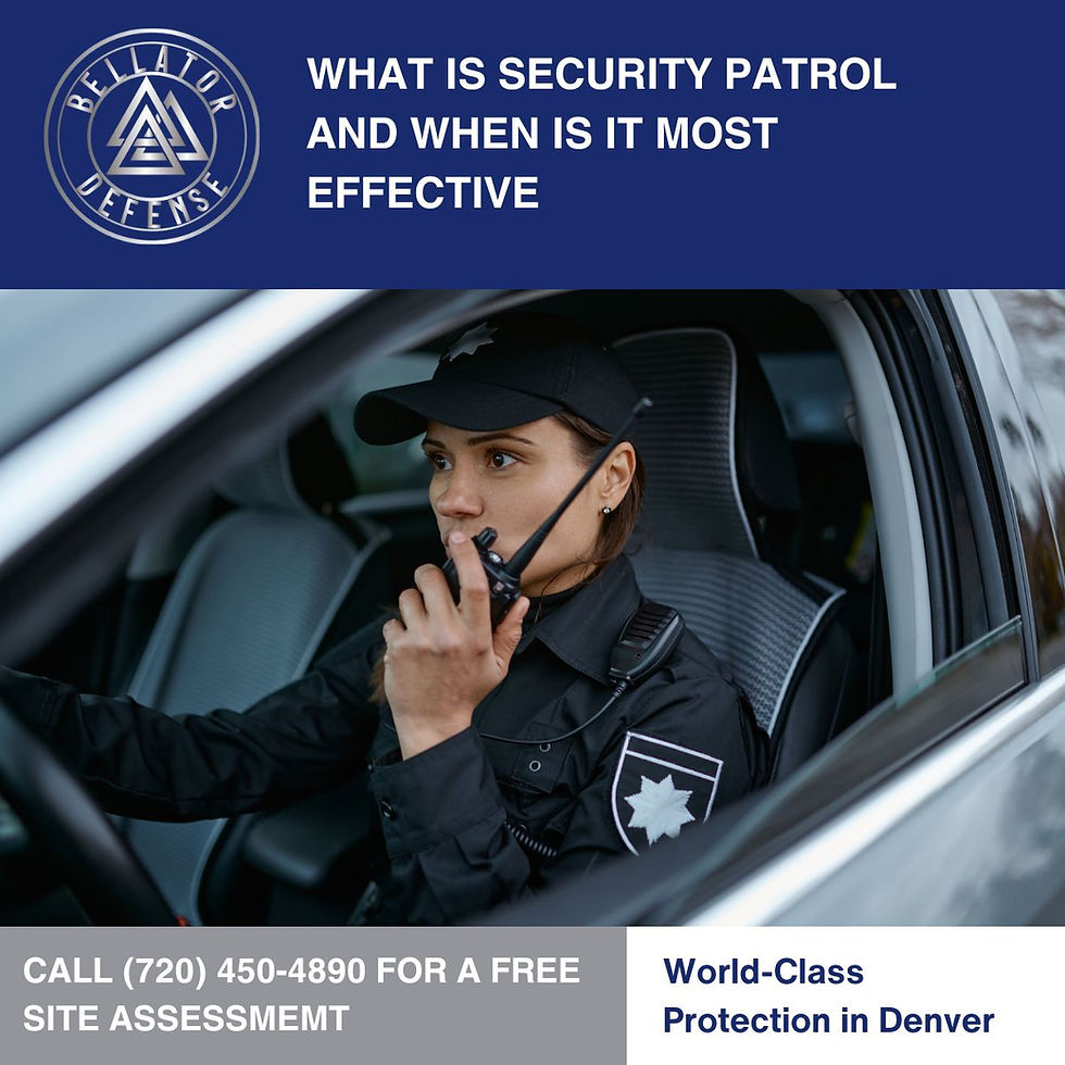Security patrol officer sitting in a marked vehicle using a radio.