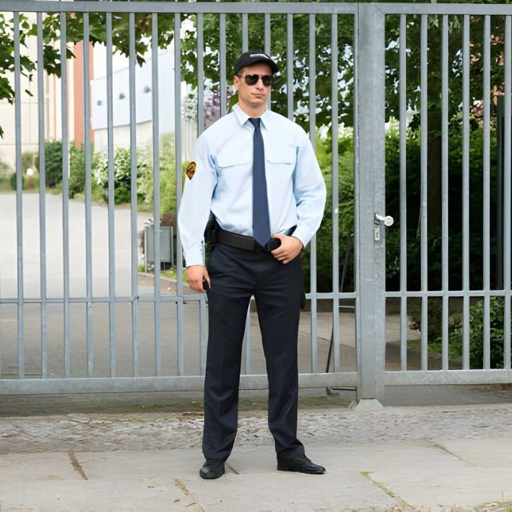 Uniformed security guard monitoring access point at gated community entrance.