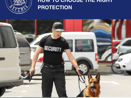 Armed security officer holding a firearm and leash while standing with a police dog in a parking area.