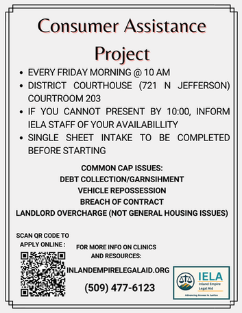 Consumer Assistance Project
Every Friday at 10am
District courthouse (721 N Jefferson, The Broadway center) in courtroom 203
You will fill out a single sheet intake
Most common issues this clinic can help with:
Breach of Contract
Debt collection defense
garnishment defense
Vehicle repossession
landlord overcharge (not all housing issues)