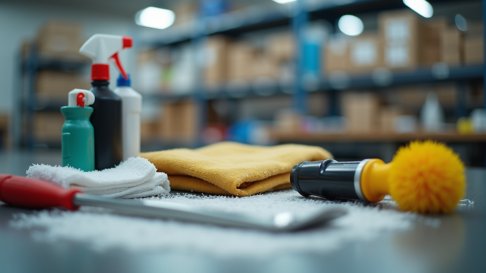 Close-up view of cleaning supplies and tools for sign maintenance
