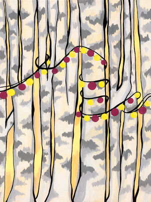 Acrylic Painting of paper birch trees with garlands attached to them where we can also see a sunrise in the back