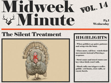 Midweek Minute Vol. 14 graphic titled “The Silent Treatment,” featuring a turkey illustration with a red X over its beak and a highlights box with tips about hunting quiet gobblers, including patience, glassing more than calling, targeting strut zones, and using shock calls.