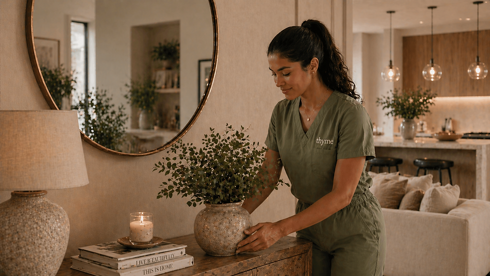 House cleaner organizing home in olive Thyme Cleaning Co. uniform