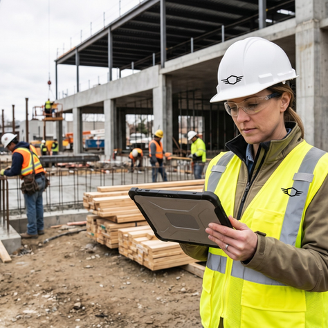 A female construction project manager wearing a white hard hat and yellow high visibility vest monitors a site intelligence dashboard on a rugged tablet. She stands at an active industrial construction site with workers and heavy machinery in the background representing operational certainty and modern project oversight.