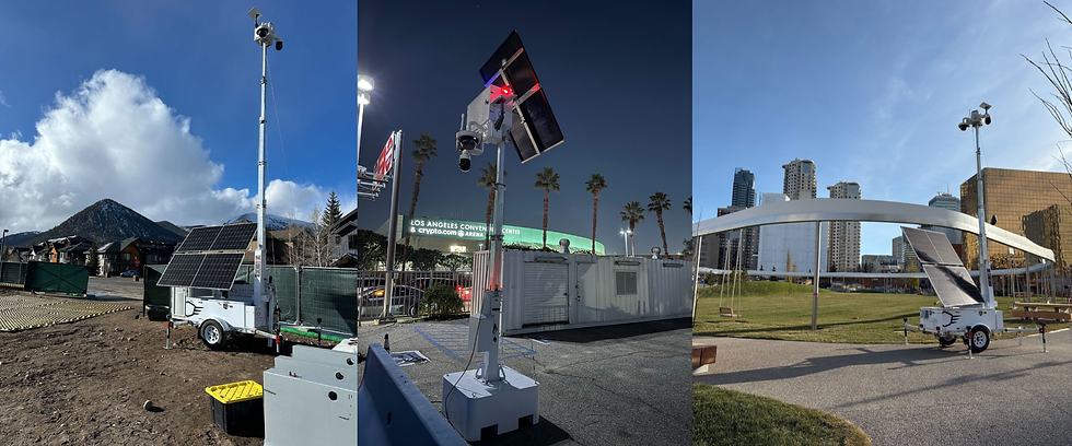 Three solar-powered surveillance towers stand in various settings: mountains, an urban park, and near palm trees by a convention center.